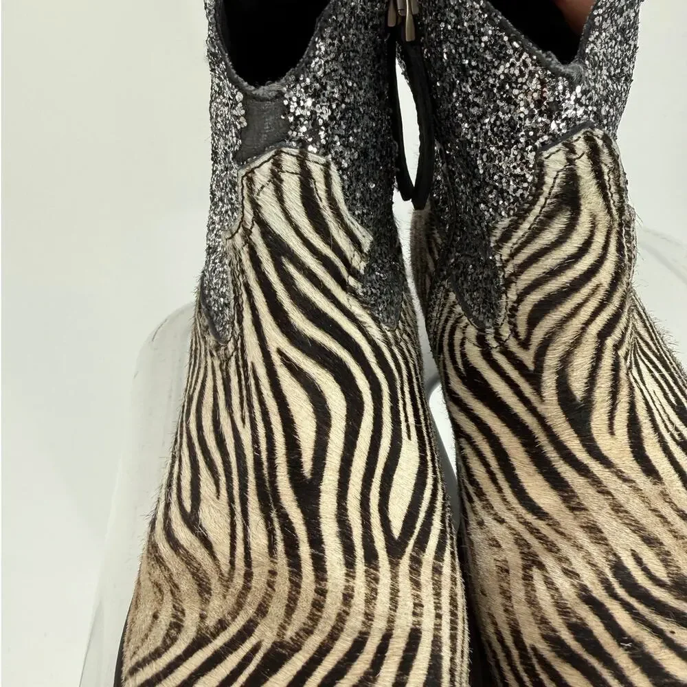 Golden Goose Ankle Western Zip Boots Bootie Zebra Ponyhair Zebra Glitter Size 37 - Picture 7 of 10
